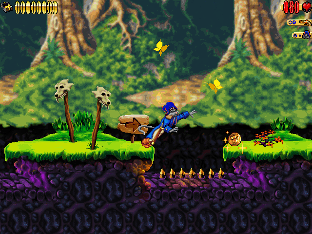 An image of Captain Claw standing near a pit of spikes, trying to keep his balance so he doesn’t fall over.